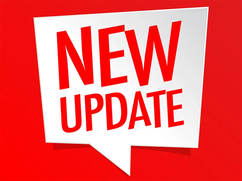 White speech bubble with bold red text reading "NEW UPDATE" on a red background.