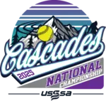 Logo with mountains, a yellow softball, "Cascades 2025" and "National Championship" text in purple and white.