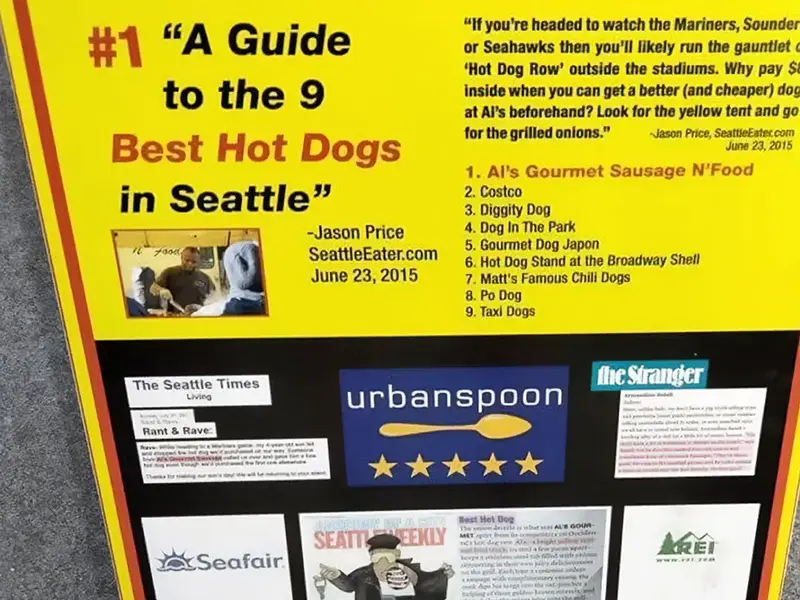 Sign listing "A Guide to the 9 Best Hot Dogs in Seattle" with a ranked list and various reviews and logos.