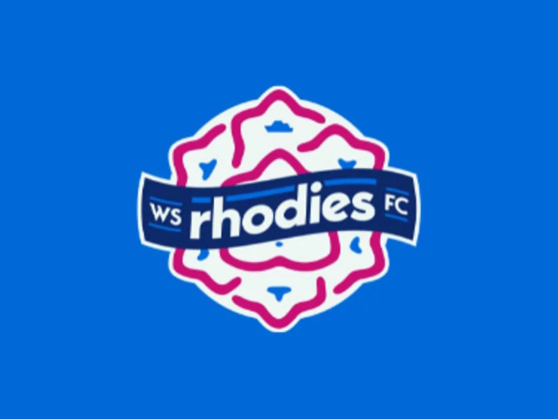 A blue background with the WS Rhodies FC logo over a white and pink rose outline.