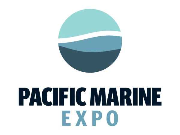Logo with blue wave sphere above the text "Pacific Marine Expo" in bold black and light blue letters.